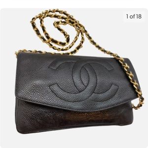 100% Authentic CHANEL Black Caviar Leather Wallet On Chain WOC Crossbody Bag